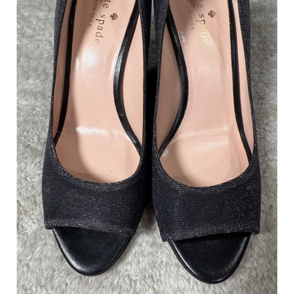 Kate Spade New York Radiant Black Glitter Peep Toe Wedge Heels Womens Size 6.5